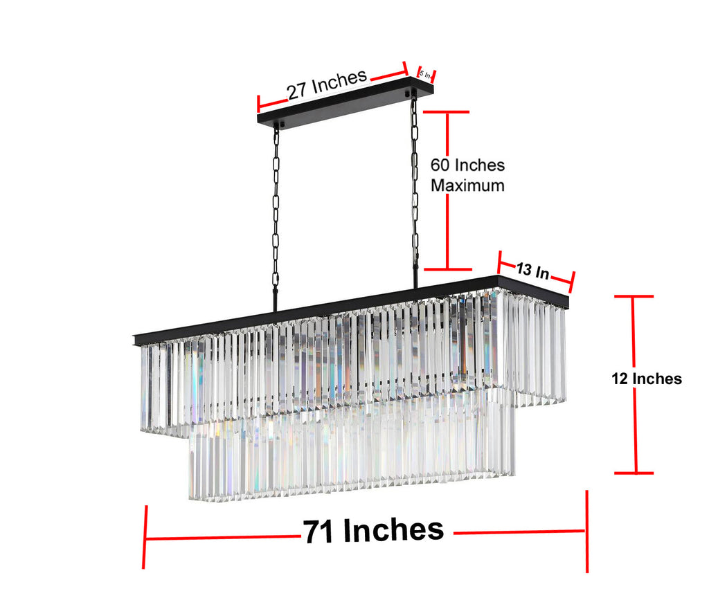 15 Lights Elegant Retro Rectangular Glass Fringe Chandelier, Palladium Style 71" Wide Ceiling Light