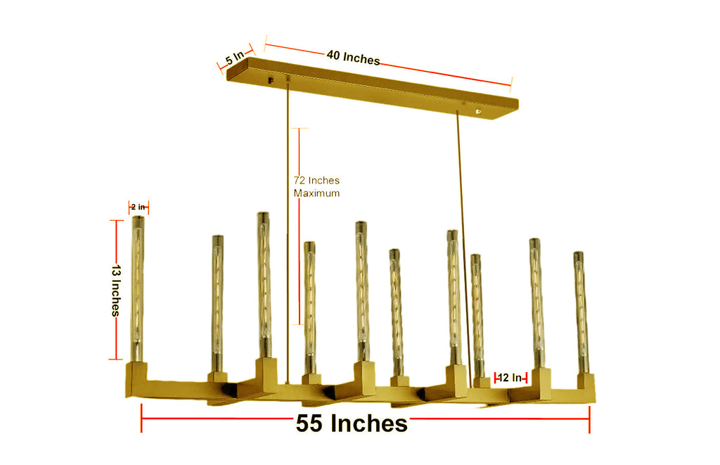 10-Light Industrial Rustic Linear Chandelier Gold Finish, 55" Vintage Charm Barn Metal Farmhouse Lighting