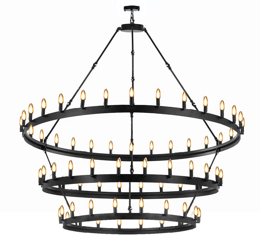 72-Light Industrial Wagon Wheel Chandelier Black Finish, 63"x75" Extra Large Rustic Wrought Iron Three-Tier Lighting