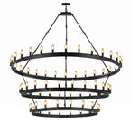 72-Light Industrial Wagon Wheel Chandelier Black Finish, 63"x75" Extra Large Rustic Wrought Iron Three-Tier Lighting