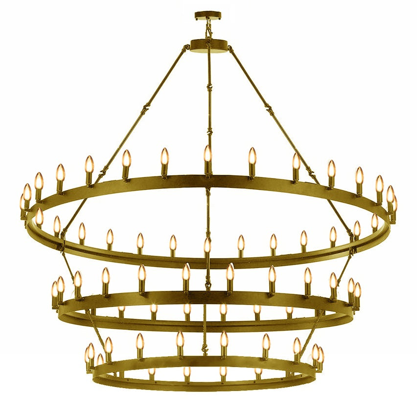 72-Light Industrial Wagon Wheel Chandelier Gold Finish, 63"x75" Extra Large Rustic Wrought Iron Three-Tier Lighting