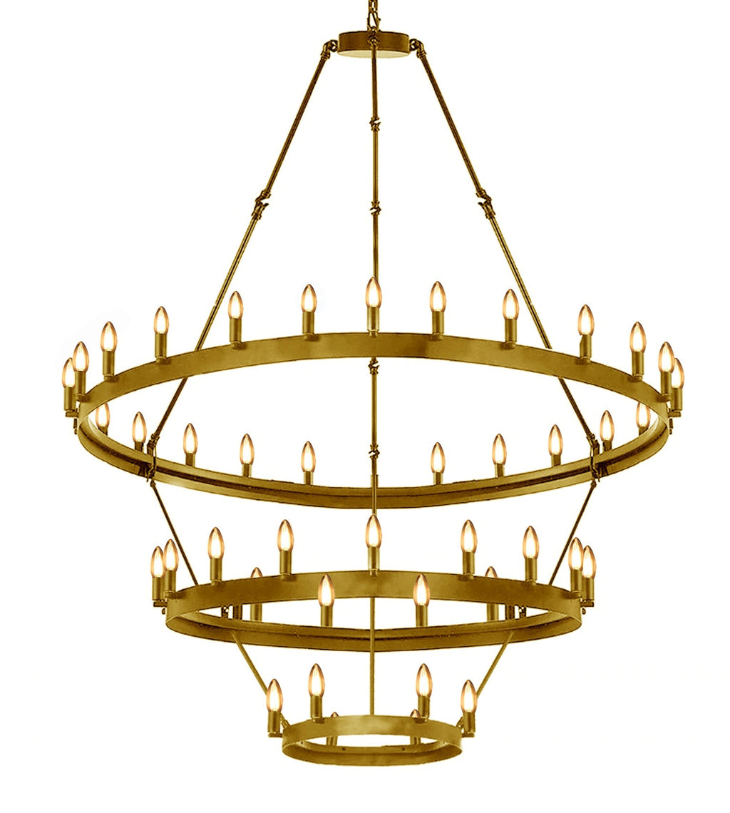 36-Light Industrial Loft Chandelier (18+12+6) Gold Finish, 38" x 65" Wrought Iron Vintage Barn Castile Rustic Three-Tier Lighting Fixture