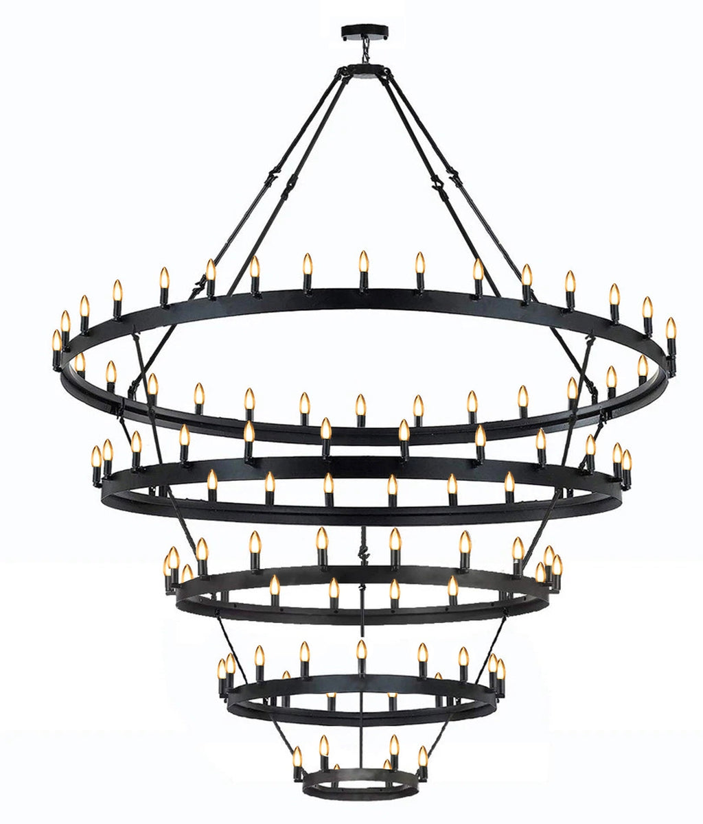 90-Light Industrial Wagon Wheel Chandelier Black Finish, 63"x87" Wrought Iron Vintage Barn Castile Five-Tier Lighting