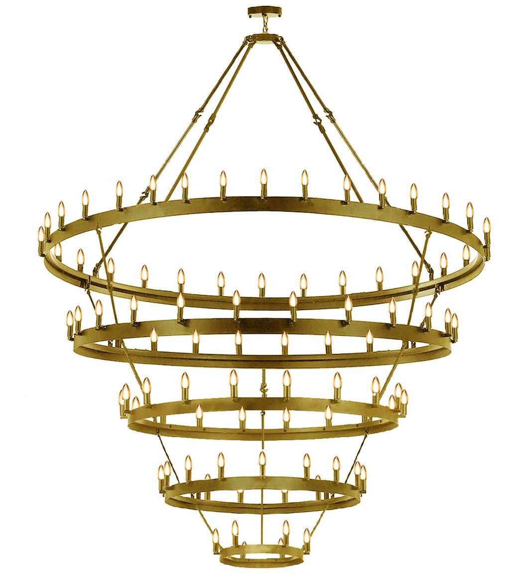 90-Light Industrial Wagon Wheel Chandelier Gold Finish, 63"x87" Wrought Iron Vintage Barn Castile Five-Tier Lighting