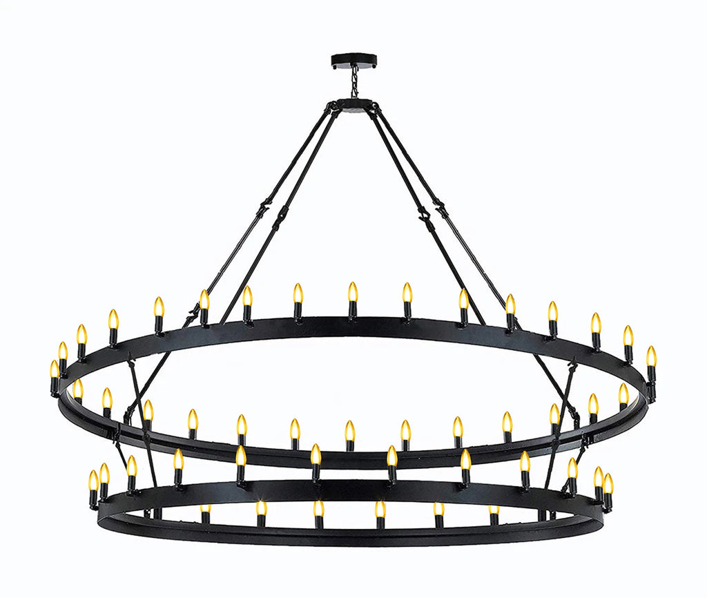 66-Light Wagon Wheel Chandelier Black Finish, 70"x66" Rustic Wrought Iron Castile Two-Tier Industrial Loft Ceiling Light