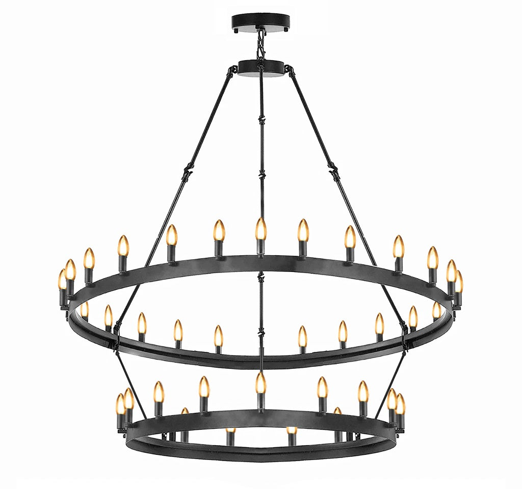 30-Light Elegant Chandelier Black Finish, 38"x50" Rustic Wrought Iron Vintage Barn Castile Industrial Loft Lighting