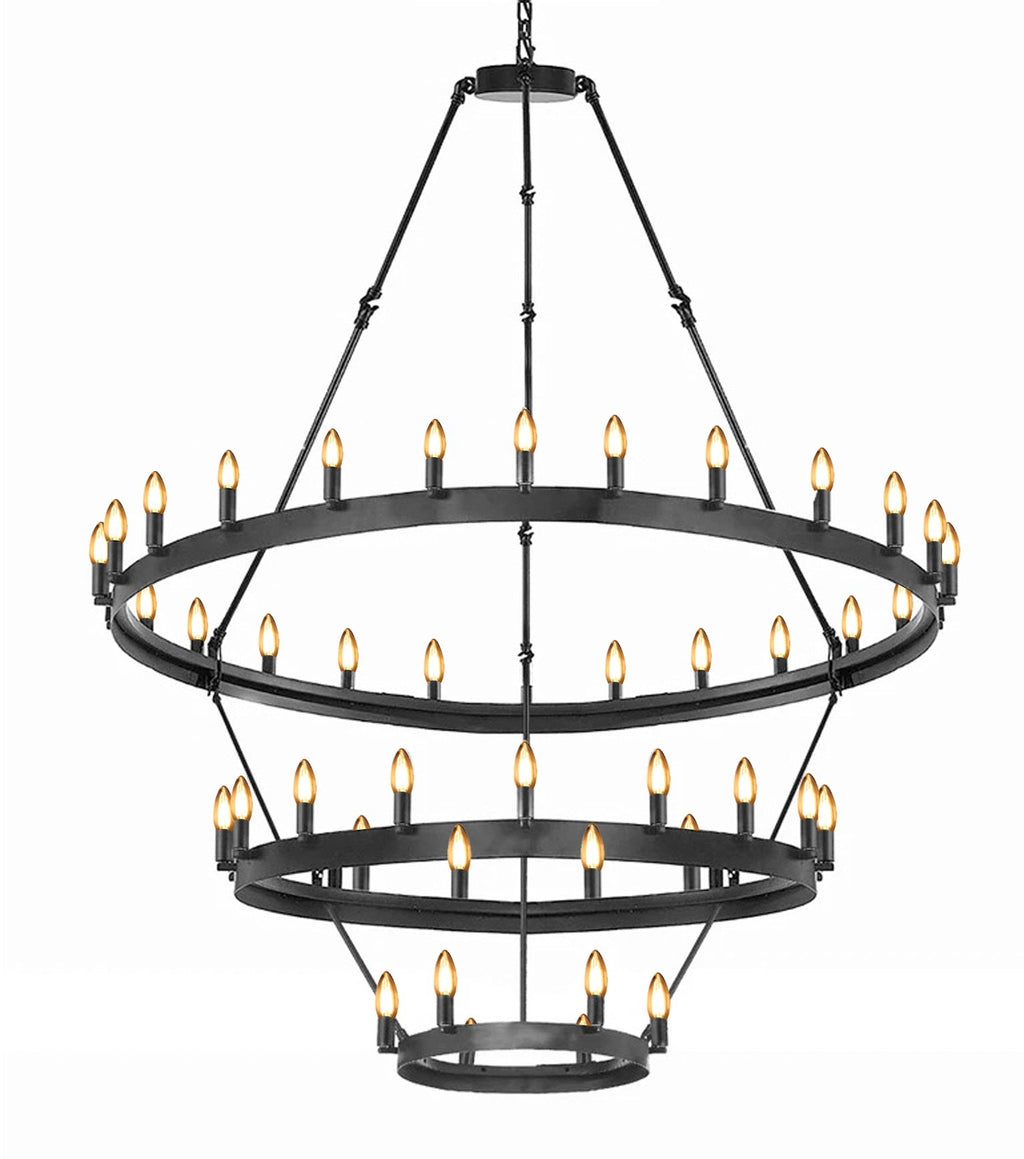 36-Light Industrial Loft Chandelier (18+12+6) Black Finish, 38" x 65" Wrought Iron Vintage Barn Castile Rustic Three-Tier Lighting Fixture