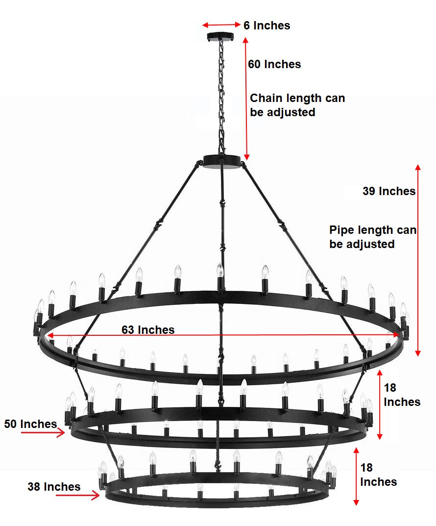 72-Light Industrial Wagon Wheel Chandelier Black Finish, 63"x75" Extra Large Rustic Wrought Iron Three-Tier Lighting