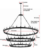 72-Light Industrial Wagon Wheel Chandelier Black Finish, 63"x75" Extra Large Rustic Wrought Iron Three-Tier Lighting