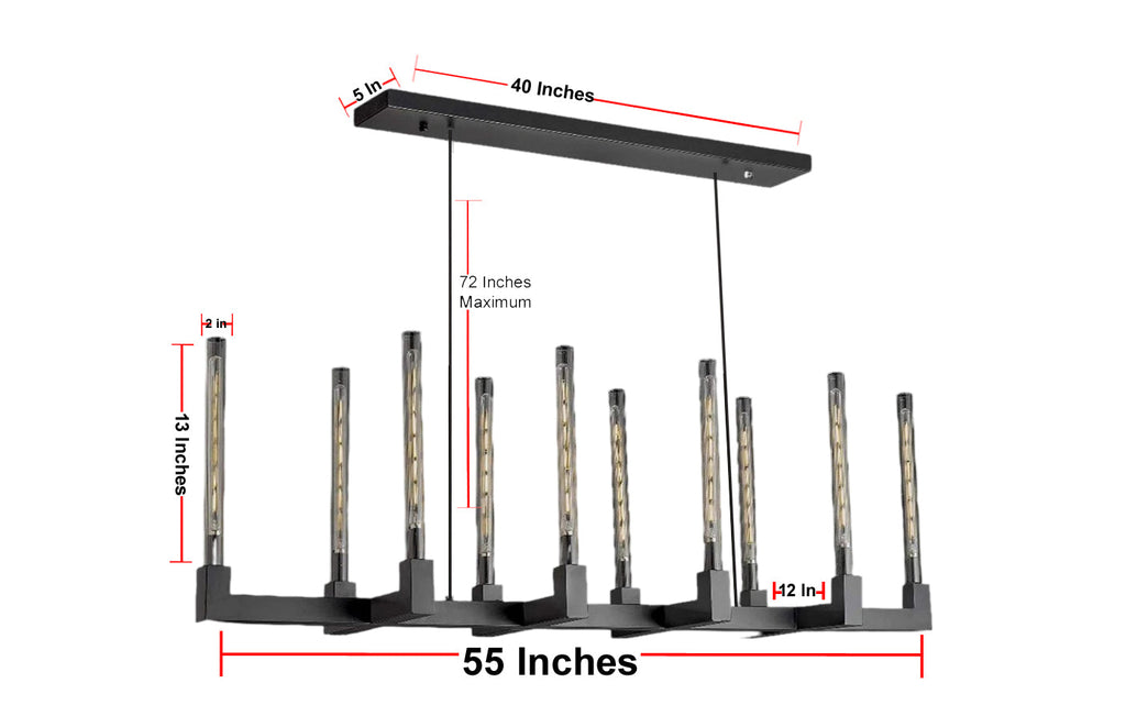 10-Light Industrial Rustic Linear Chandelier Black Finish, 55" Vintage Charm Barn Metal Farmhouse Lighting