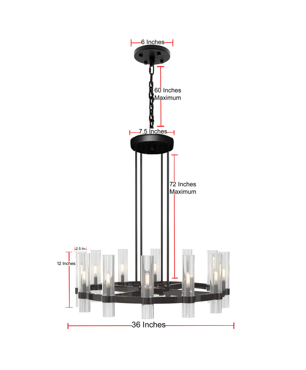 12-Light Vintage Rustic Round Chandelier Black Finish, 36" Farmhouse Barn-Style Metal Industrial Loft Ceiling Light