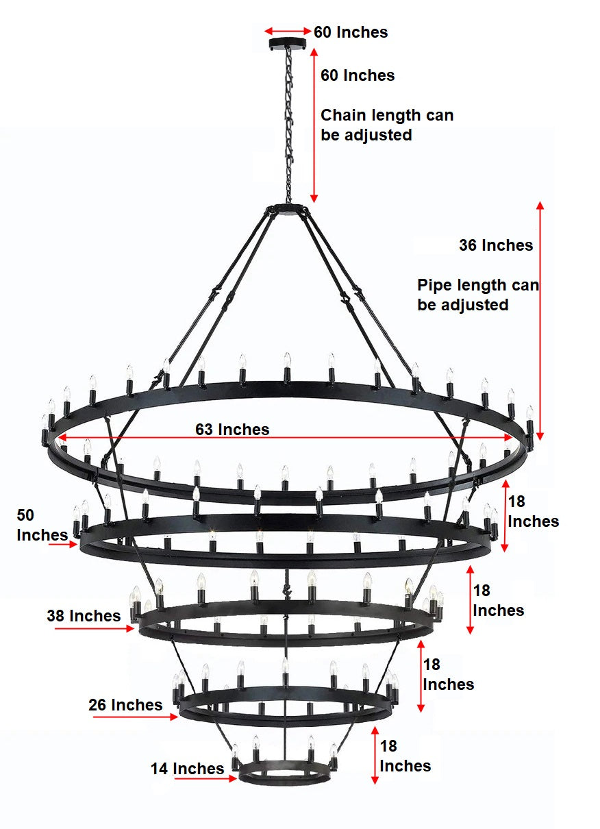 90-Light Industrial Wagon Wheel Chandelier Black Finish, 63"x87" Wrought Iron Vintage Barn Castile Five-Tier Lighting