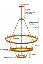 36-Light Industrial Loft Chandelier (18+12+6) Gold Finish, 38" x 65" Wrought Iron Vintage Barn Castile Rustic Three-Tier Lighting Fixture