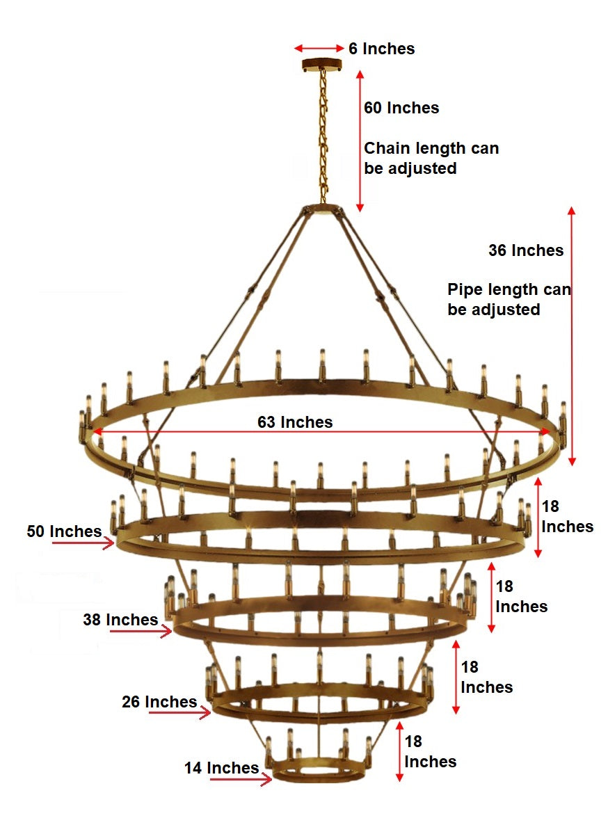 90-Light Industrial Wagon Wheel Chandelier Gold Finish, 63"x87" Wrought Iron Vintage Barn Castile Five-Tier Lighting