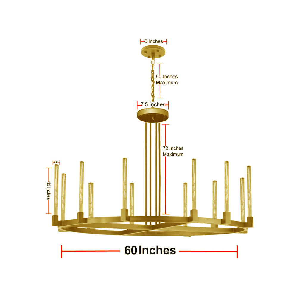 12-Light Industrial Rustic Chandelier Gold Finish, 60" Vintage Barn Metal Round Farmhouse Ceiling Fixture