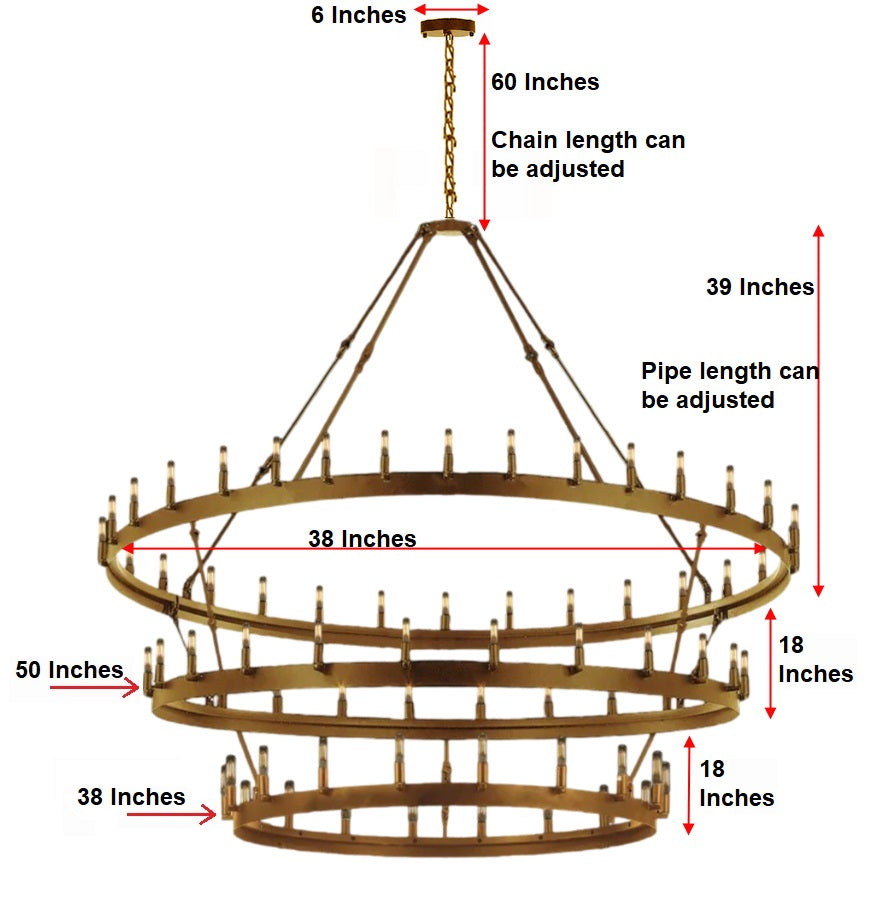 72-Light Industrial Wagon Wheel Chandelier Gold Finish, 63"x75" Extra Large Rustic Wrought Iron Three-Tier Lighting