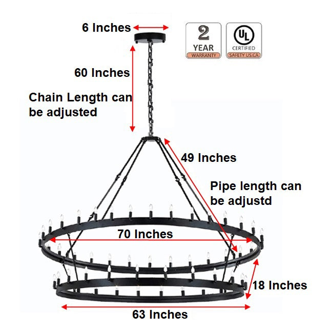 66-Light Wagon Wheel Chandelier Black Finish, 70"x66" Rustic Wrought Iron Castile Two-Tier Industrial Loft Ceiling Light