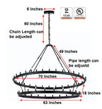 66-Light Wagon Wheel Chandelier Black Finish, 70"x66" Rustic Wrought Iron Castile Two-Tier Industrial Loft Ceiling Light