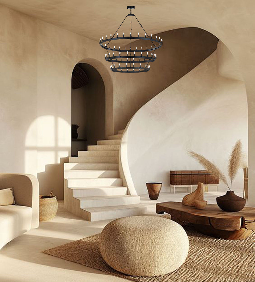 72-Light Industrial Wagon Wheel Chandelier Black Finish, 63"x75" Extra Large Rustic Wrought Iron Three-Tier Lighting