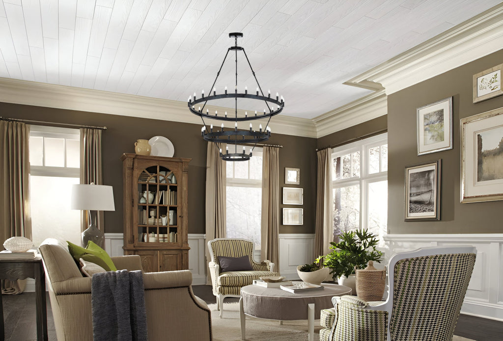 36-Light Industrial Loft Chandelier (18+12+6) Black Finish, 38" x 65" Wrought Iron Vintage Barn Castile Rustic Three-Tier Lighting Fixture