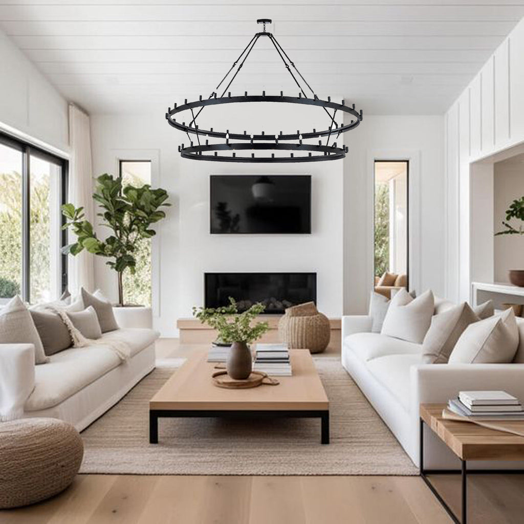 66-Light Wagon Wheel Chandelier Black Finish, 70"x66" Rustic Wrought Iron Castile Two-Tier Industrial Loft Ceiling Light