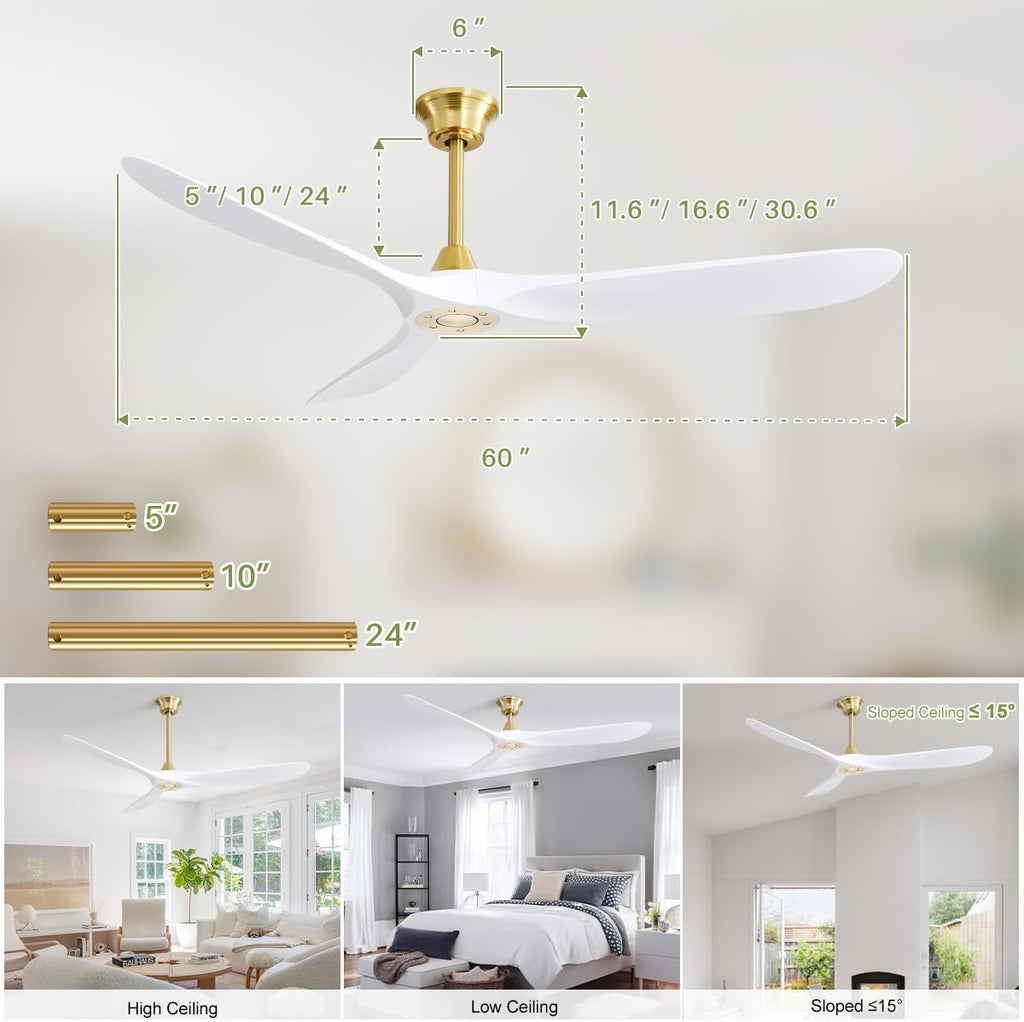 60″ White Smart Ceiling Fan Without Light - Modern Design, Quiet Reversible DC Motor, Remote-Controlled for Indoor & Outdoor Use