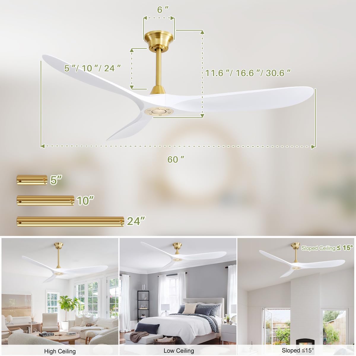 60″ White Smart Ceiling Fan Without Light - Modern Design, Quiet Reversible DC Motor, Remote-Controlled for Indoor & Outdoor Use