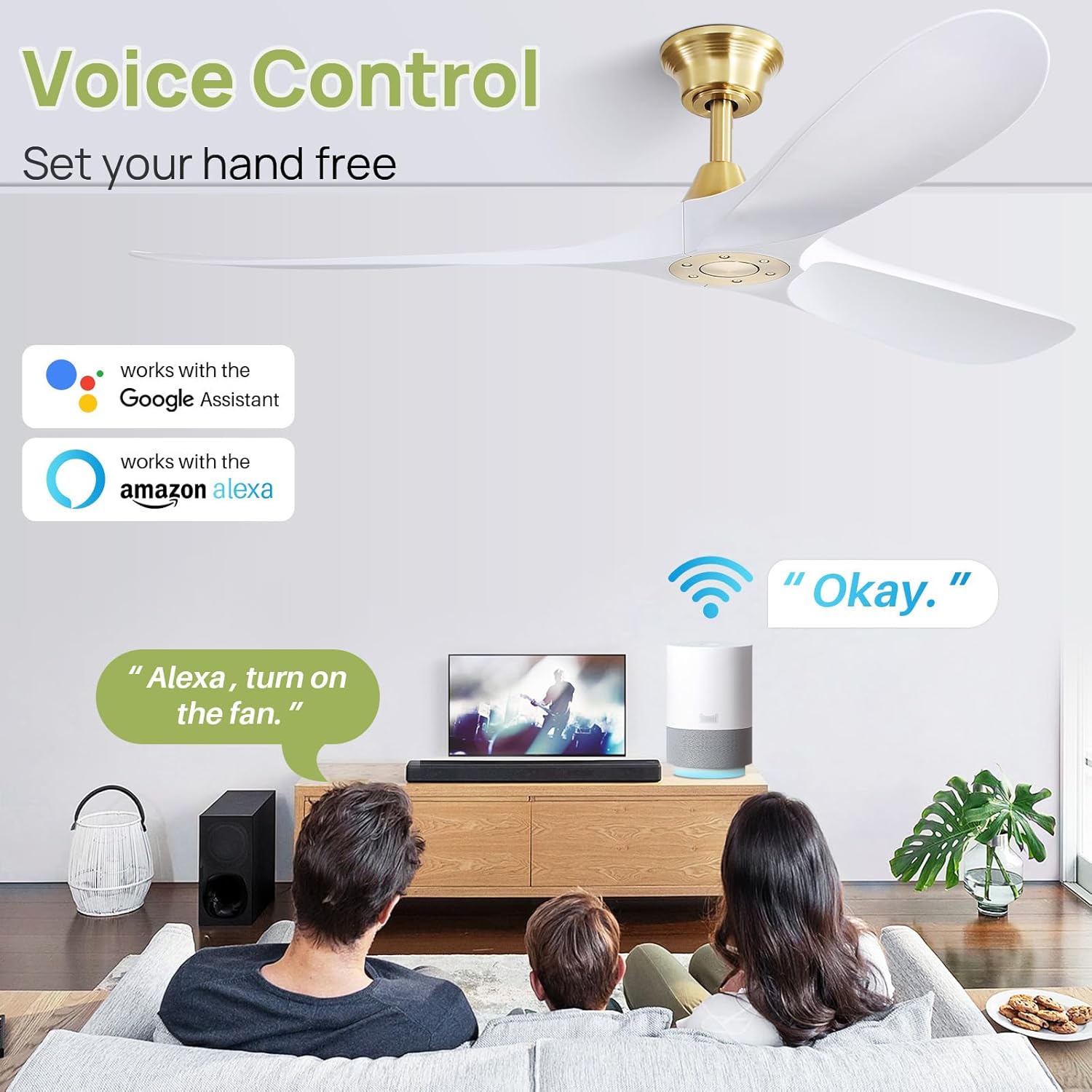 60″ White Smart Ceiling Fan Without Light - Modern Design, Quiet Reversible DC Motor, Remote-Controlled for Indoor & Outdoor Use