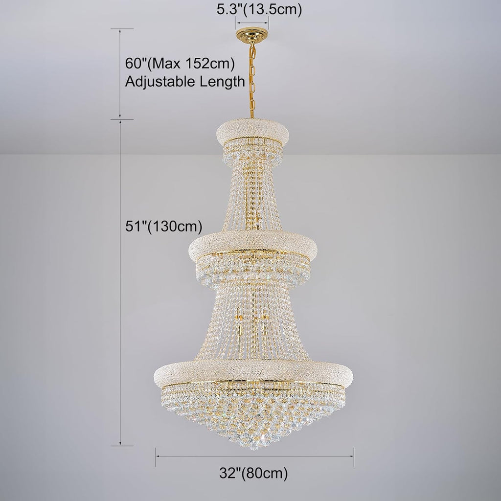 31 Lights Gold Finish Large Empire Crystal Chandelier Three-Tier, High Ceiling Chandelier Light fixtures for Foyer Staircase Living Room Entryway 51"H x 32"W V22-28
