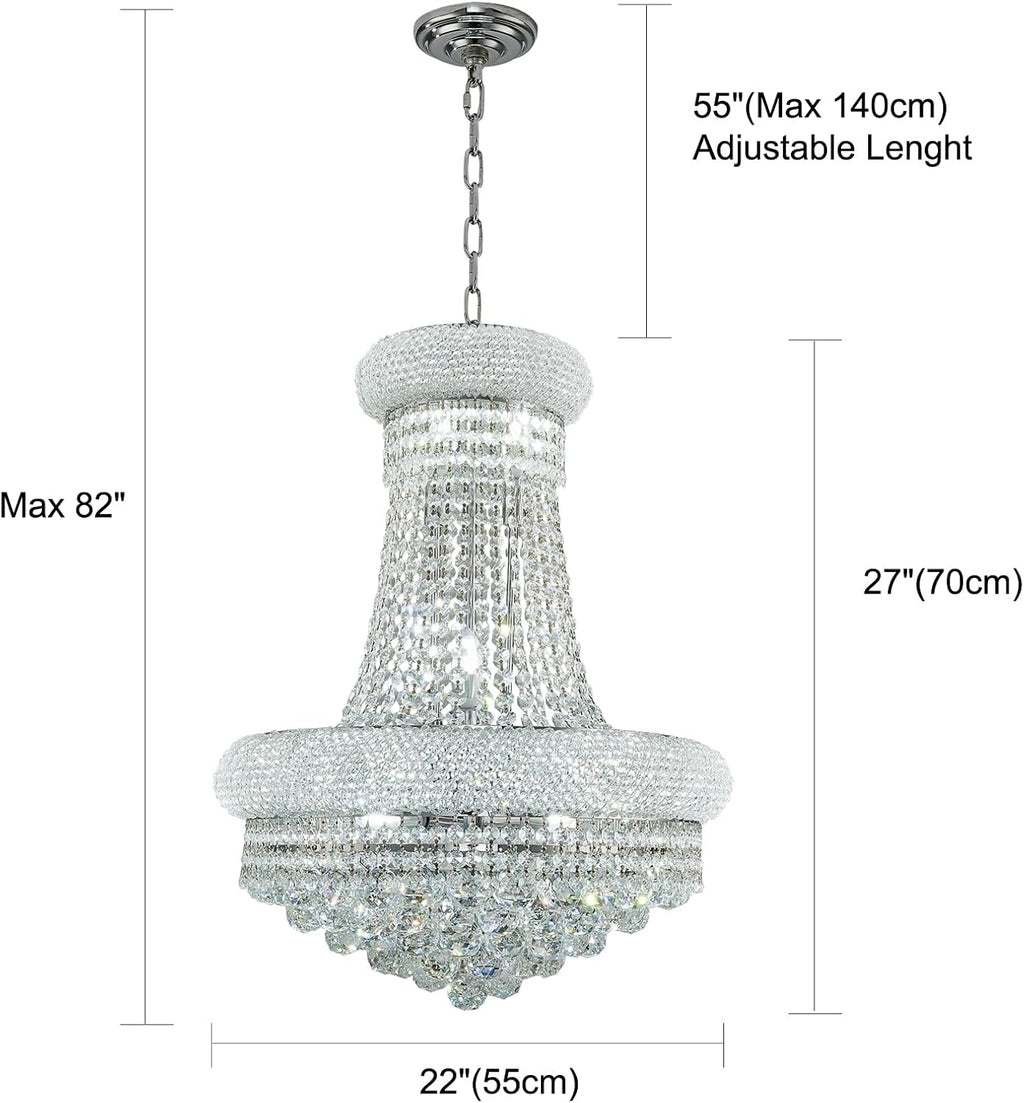 12-Light Silver Empire Style Crystal Chandelier for Living Room, Stairway, and Dining Room (22"W x 27"H) V22-23