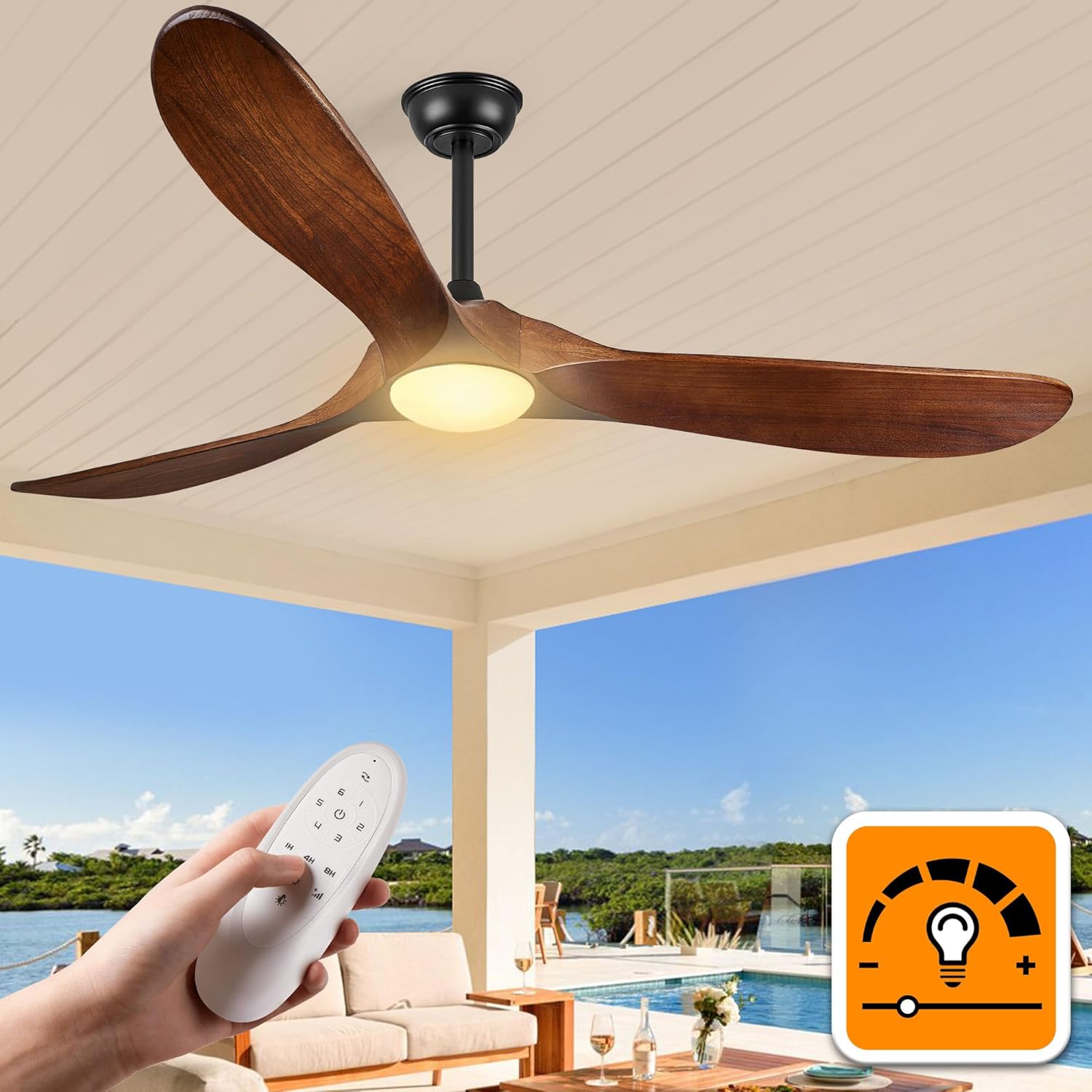 60″ Outdoor Ceiling Fan with Lights - Solid Wood Propeller, 3-Blade Design, Remote-Controlled, High CFM, ETL Listed for Patio & Indoor Use – Dark Walnut