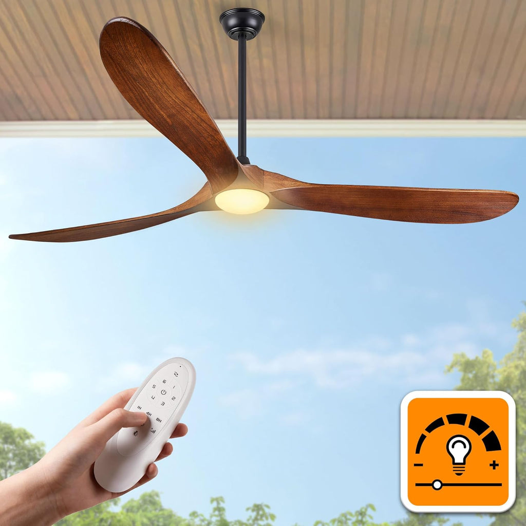 72″ Outdoor Ceiling Fan with Lights - Dark Walnut, Solid Wood Propeller Design, Modern Large 3-Blade, Remote-Controlled for Patio, Farmhouse