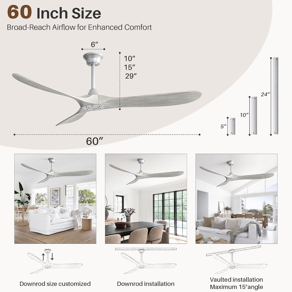 60″ Solid Wood Ceiling Fan Without Light - Farmhouse Grey, Quiet 3-Blade Design, Remote-Controlled for Indoor & Outdoor Use