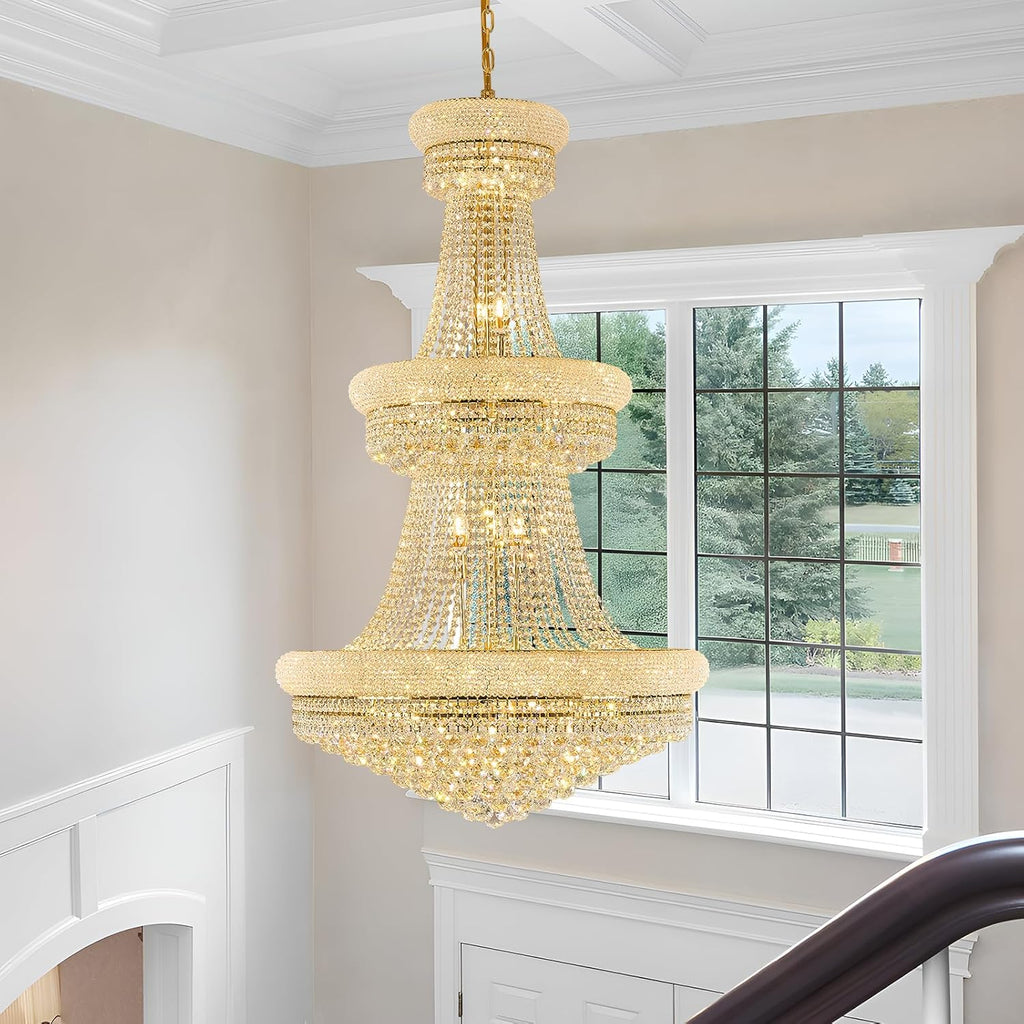 31 Lights Gold Finish Large Empire Crystal Chandelier Three-Tier, High Ceiling Chandelier Light fixtures for Foyer Staircase Living Room Entryway 51"H x 32"W V22-28