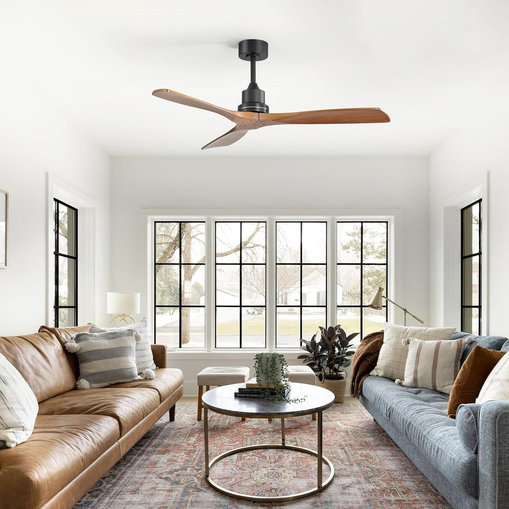 52″ Solid Wood Ceiling Fan Without Light - Walnut Finish, Flush Mount, Modern 3-Blade Design, Remote-Controlled for Indoor & Outdoor Use