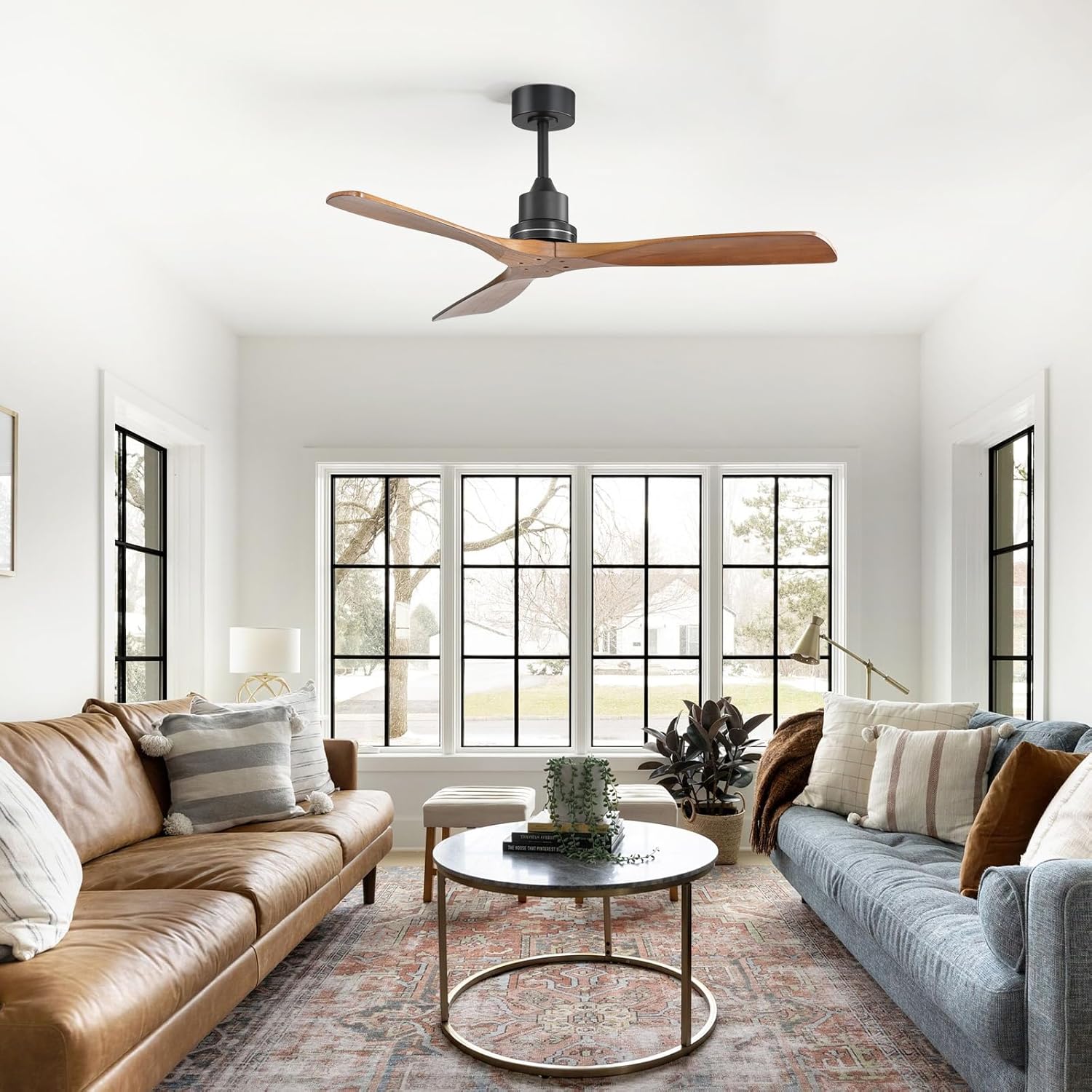 52″ Solid Wood Ceiling Fan Without Light - Walnut Finish, Flush Mount, Modern 3-Blade Design, Remote-Controlled for Indoor & Outdoor Use