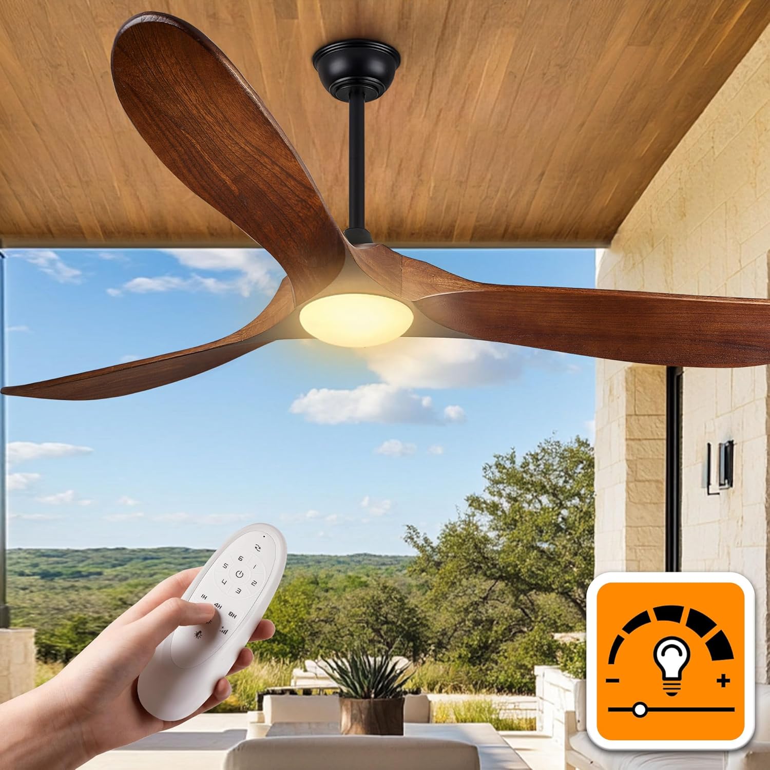 52″ Outdoor Ceiling Fan with Lights - Dimmable Solid Wood, Remote-Controlled, Modern 3-Blade Propeller Design, DC Motor for Patio, Indoor Bedroom - Dark Walnut