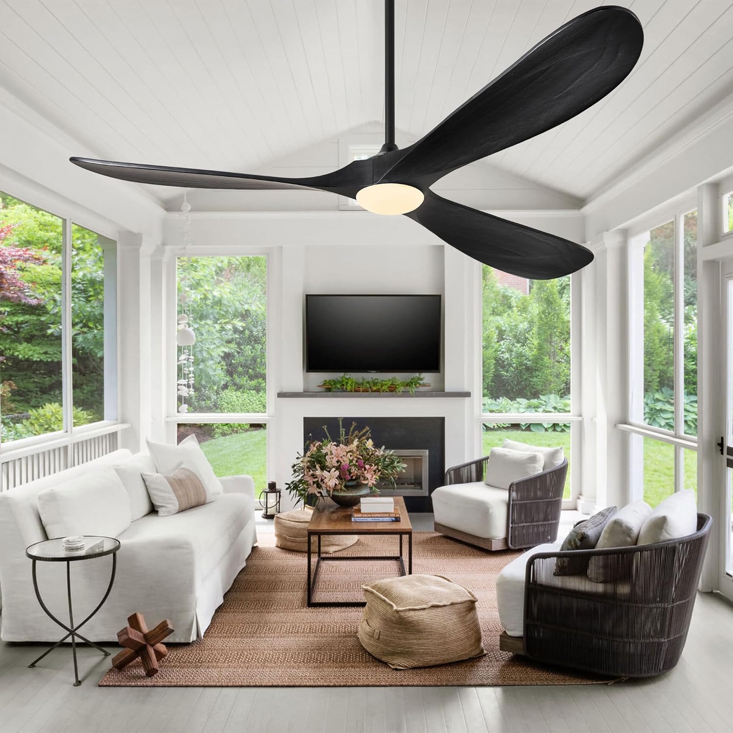 72″ Outdoor Ceiling Fan with Lights - Black, Solid Wood Propeller Design, Modern Large 3-Blade, Remote-Controlled for Patio, Farmhouse