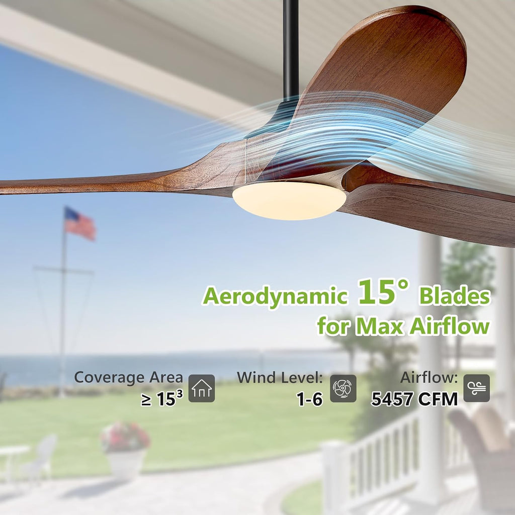 52″ Outdoor Ceiling Fan with Lights - Dimmable Solid Wood, Remote-Controlled, Modern 3-Blade Propeller Design, DC Motor for Patio, Indoor Bedroom - Dark Walnut