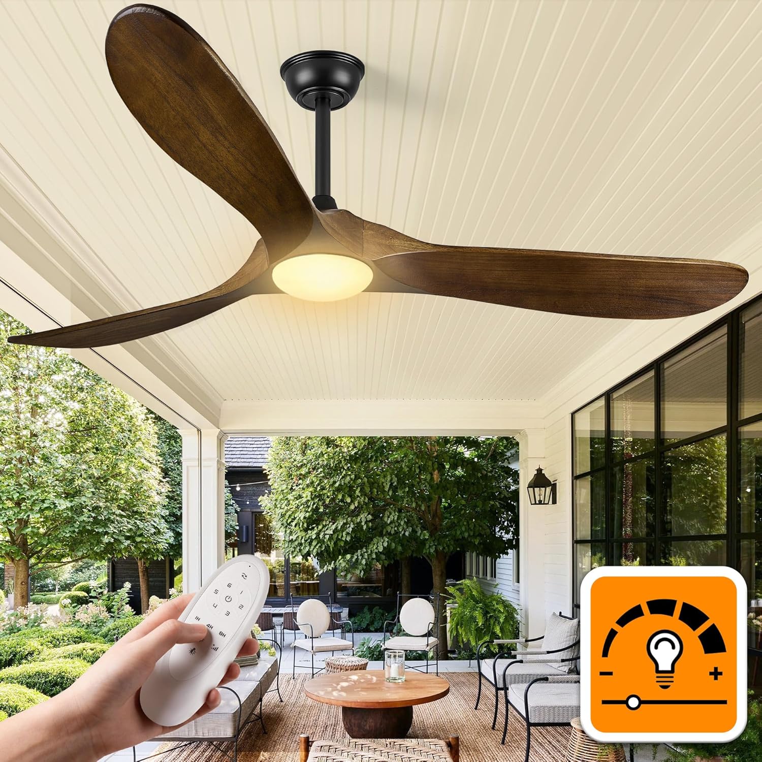 60″ Outdoor Ceiling Fan with Lights - Oil-Rubbed Bronze, Solid Wood Propeller Design, 3 Blades, Remote-Controlled, DC Motor, ETL Listed for Patio & Farmhouse
