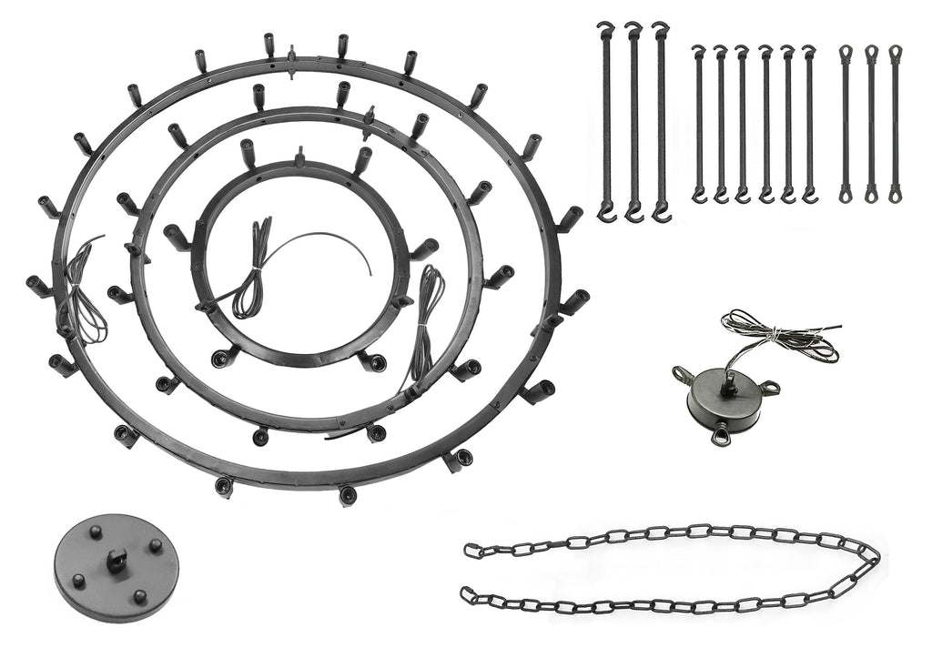 36-Light Industrial Loft Chandelier (18+12+6) Black Finish, 38" x 65" Wrought Iron Vintage Barn Castile Rustic Three-Tier Lighting Fixture