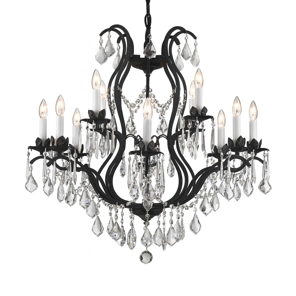 12-Light Large Crystal Chandelier Black Finish, 30"x28" Wrought Iron Vintage Barn Rustic Industrial Ceiling Light