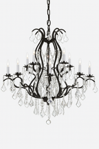 15-Light Wrought Iron Crystal Chandelier Black Finish, 36"x36" Large Rustic Vintage Barn Metal Ceiling Light