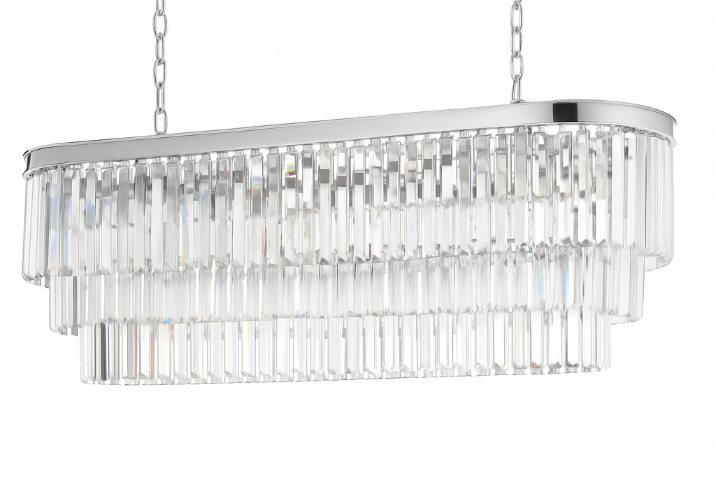12-Lights Retro Palladium Glass Fringe Chandelier, 49"x14"x18" Chrome Finish Ceiling Light